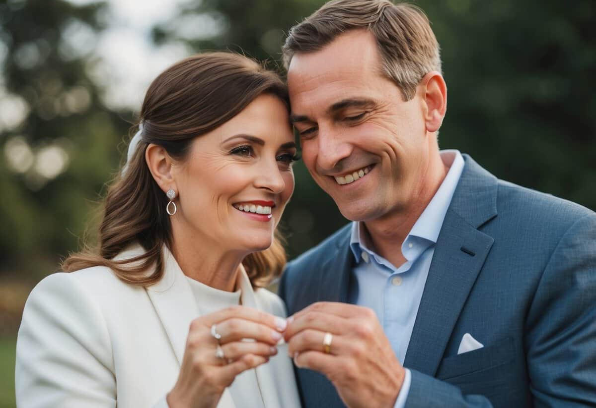A wedding ring being exchanged, a home being built, a family photo being taken, a joint bank account being opened, a couple growing old together, a supportive embrace during tough times