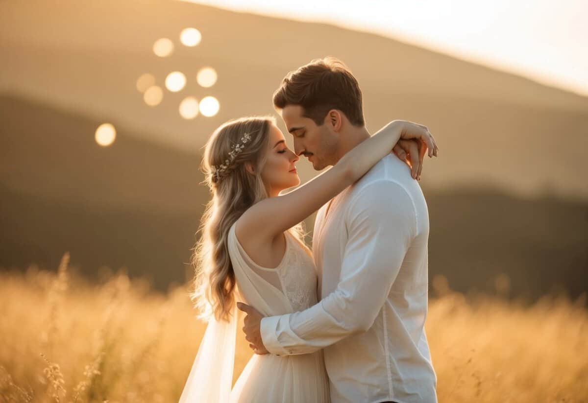 A serene, golden landscape with two ethereal figures embracing in a loving, peaceful embrace