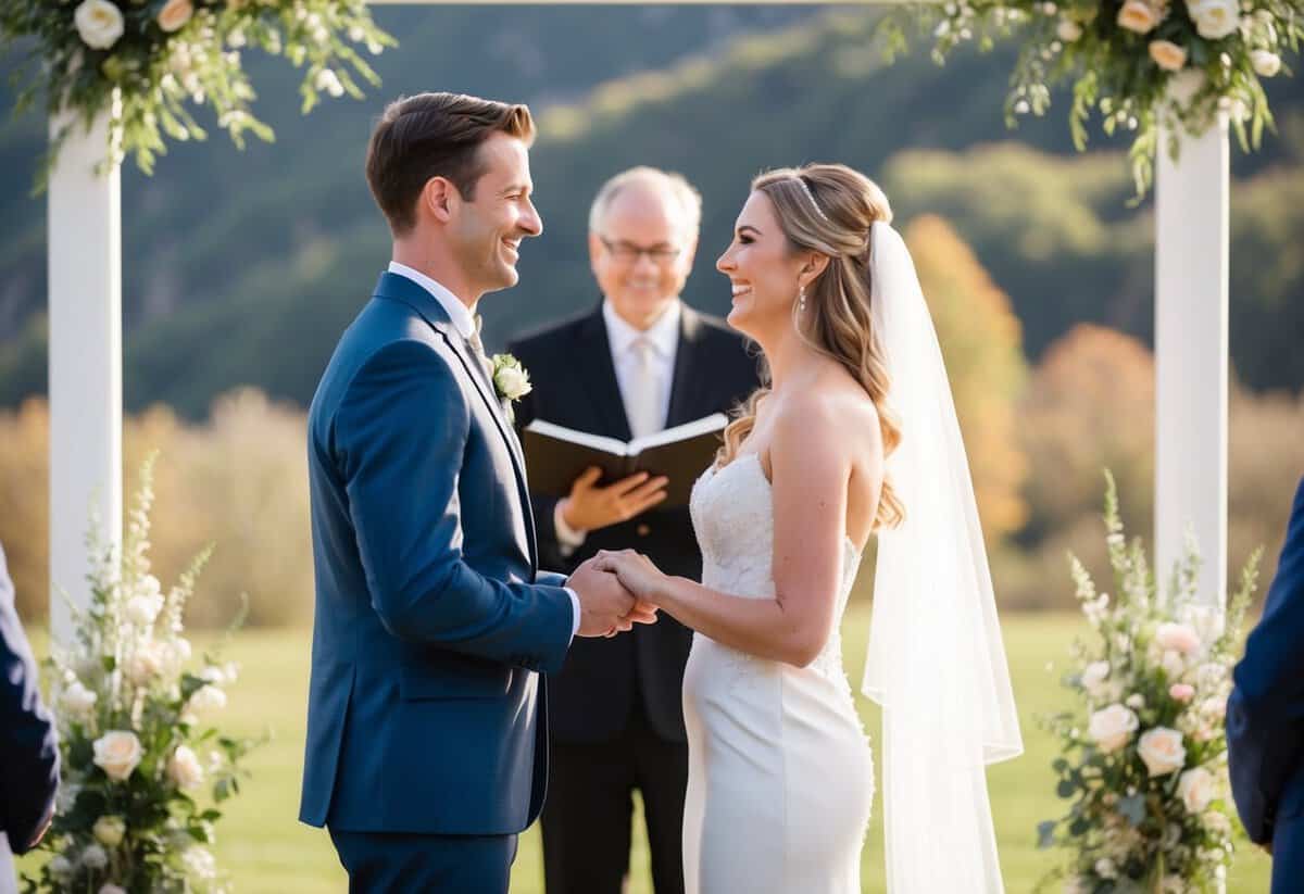 A couple standing at the altar, facing each other with a serene and joyful expression, exchanging vows with a beautiful backdrop of nature in the background