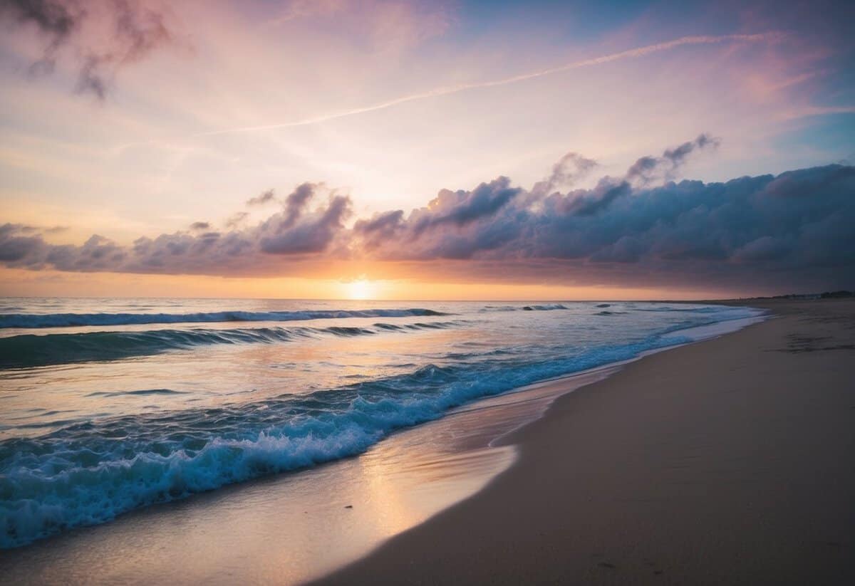 A serene beach at sunset, with waves gently lapping the shore and a colorful sky in the background, creating a peaceful and romantic atmosphere for writing vows