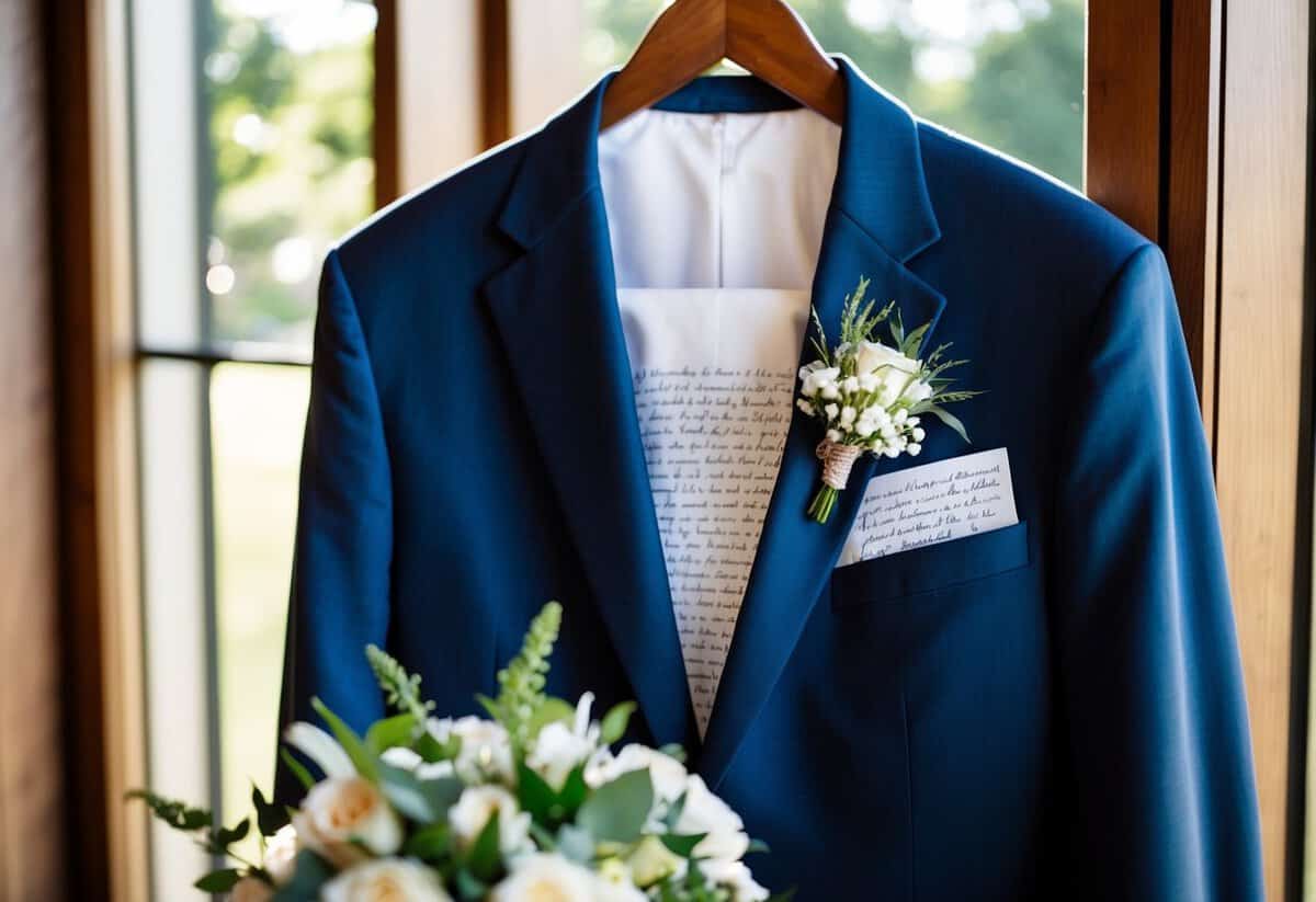 A groom's suit jacket hangs on a chair, with a handwritten vow nestled in the breast pocket. A bouquet of flowers sits nearby, as the sun streams through the window