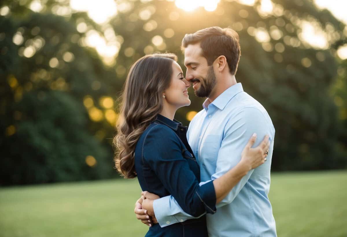 A couple standing close, embracing each other with a sense of unity and commitment