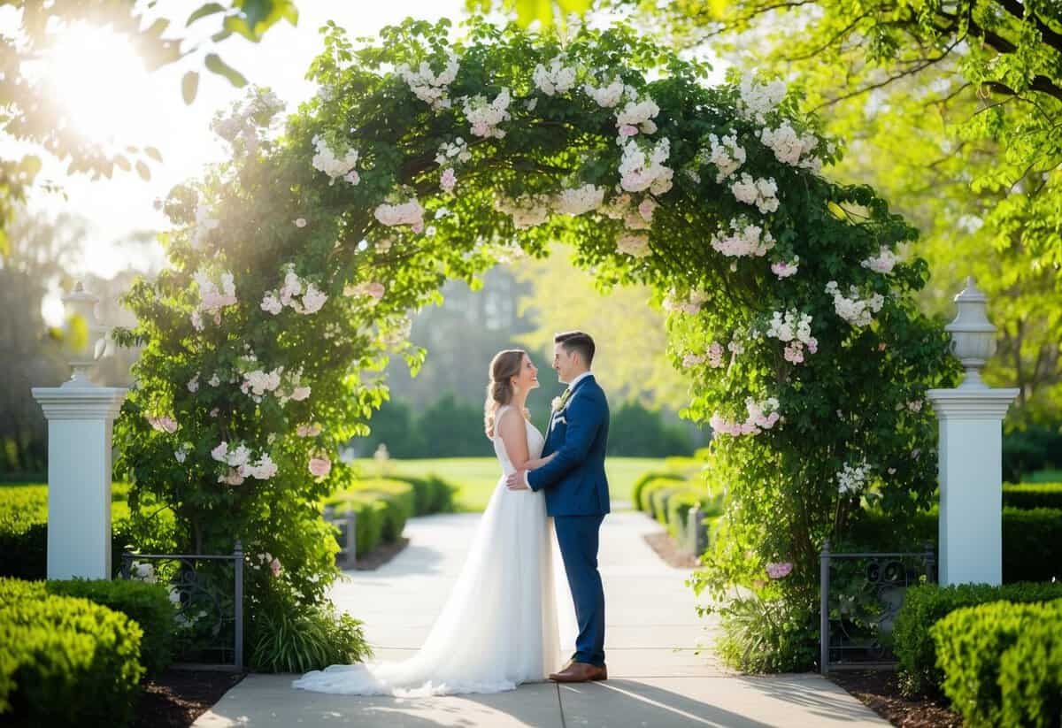 A couple standing beneath a blooming archway, surrounded by lush greenery and soft sunlight filtering through the leaves