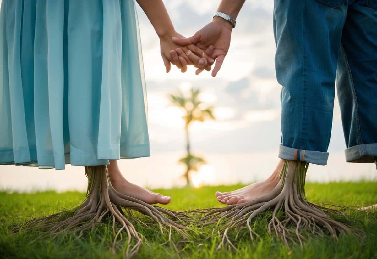 A couple standing side by side, with intertwined roots growing from their feet, symbolizing their spiritual connection and dedication to each other
