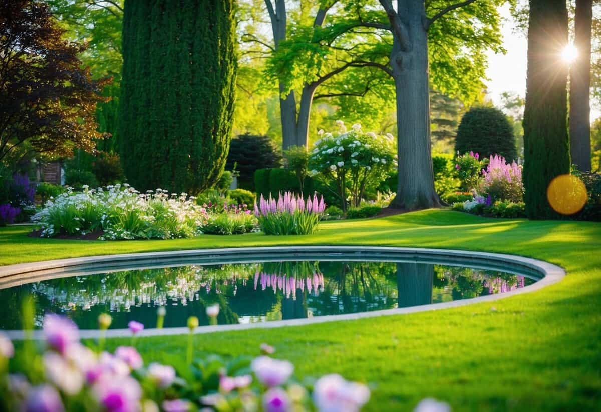 A serene garden with blooming flowers and a peaceful pond, surrounded by tall trees and a gentle breeze