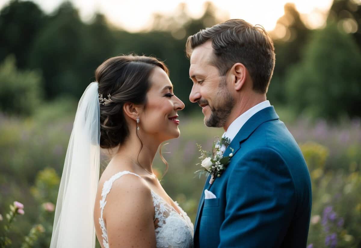 A couple standing face to face, surrounded by nature, with tears in their eyes as they exchange heartfelt wedding vows