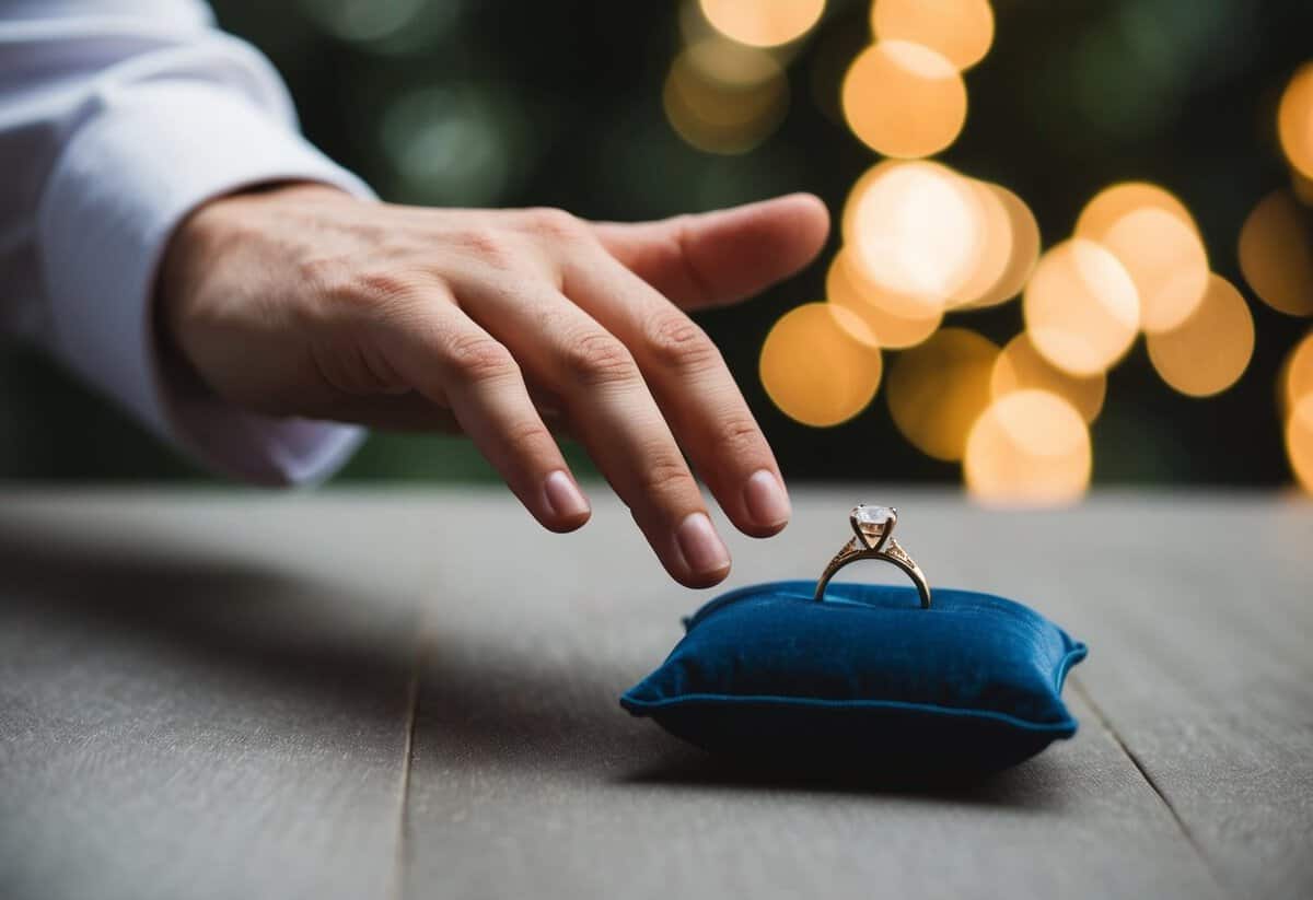A hand reaches out, placing a ring on a small cushion