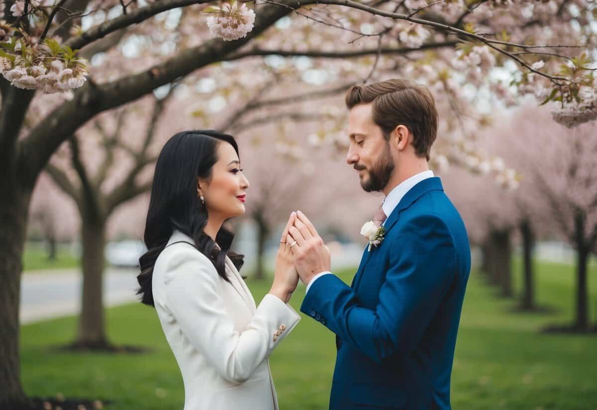 A couple standing under a blooming tree, exchanging rings as they face each other with a serene and solemn expression