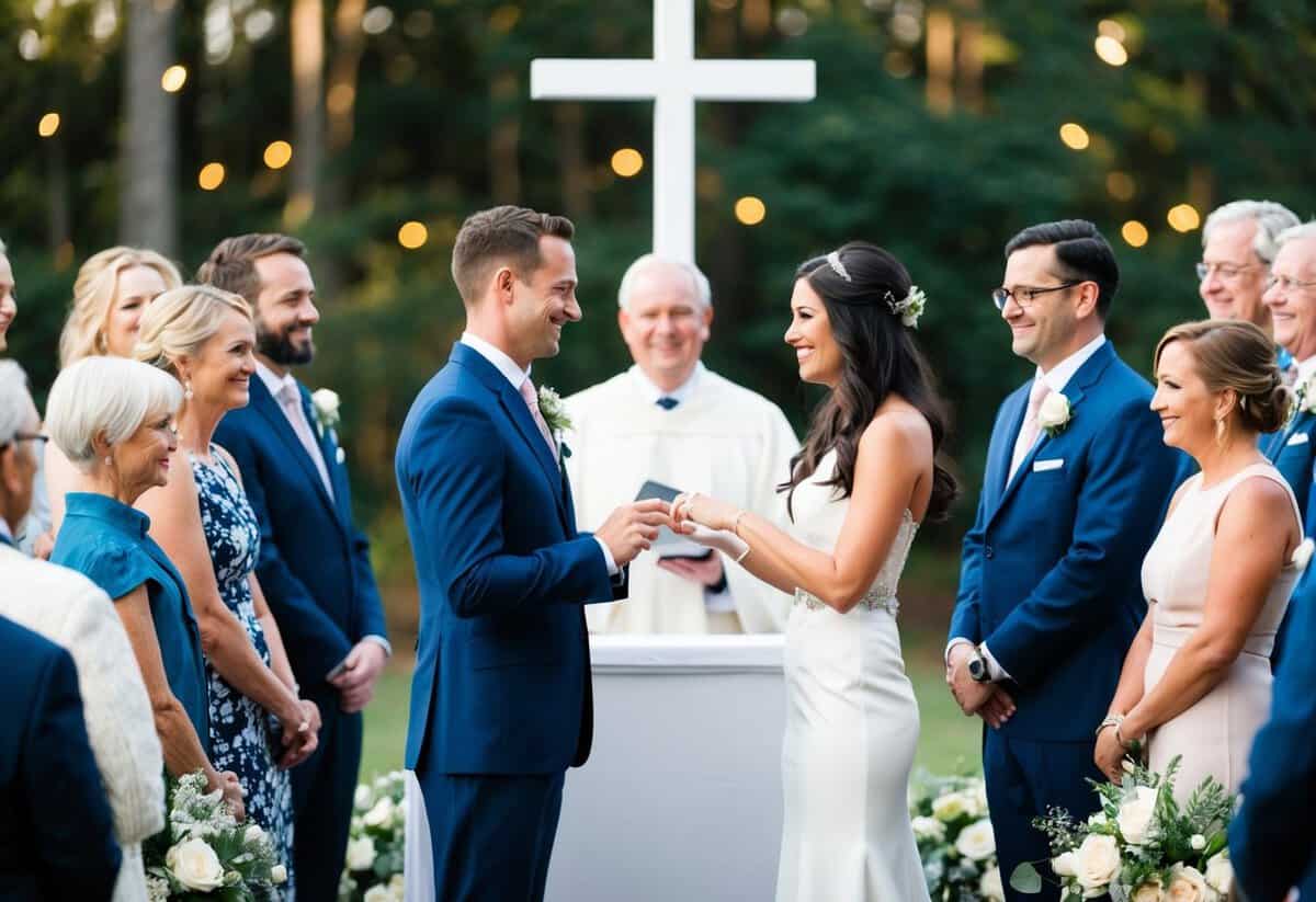 A couple standing at an altar, surrounded by family and friends, exchanging rings and making vows to forsake all others