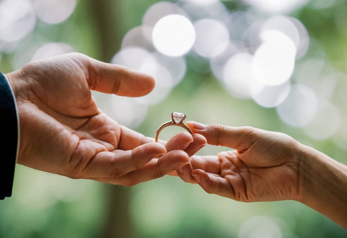 A hand reaches out with a ring as another hand waits to receive it