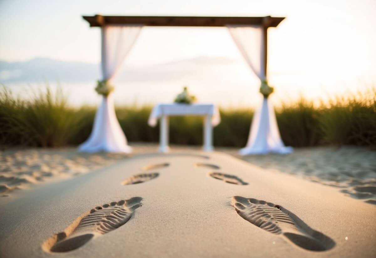 A serene outdoor wedding setting with a simple altar and two sets of footprints in the sand, symbolizing the traditional marriage vows of forsaking all others