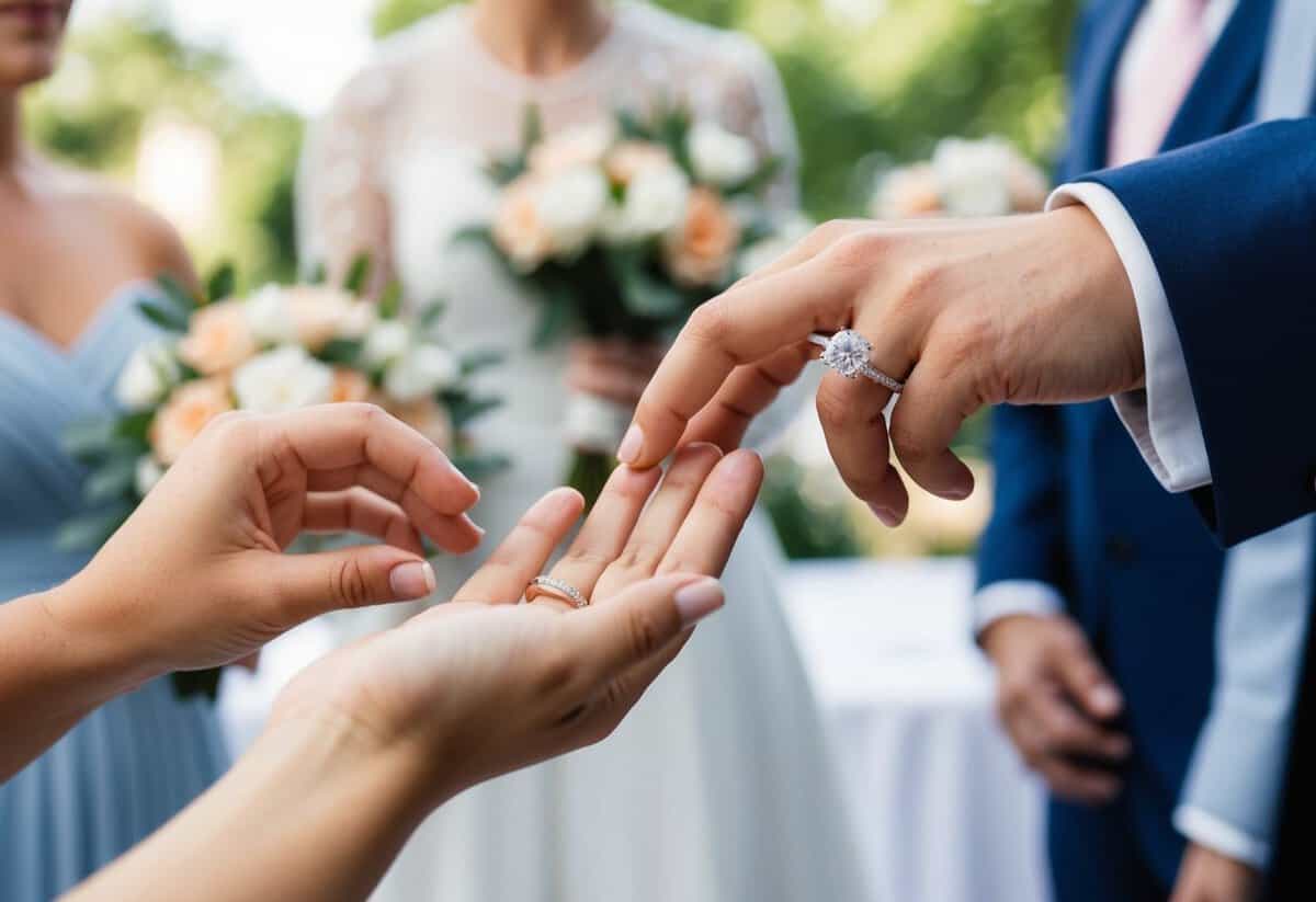 A hand wearing a wedding ring reaches out towards another hand, waiting to receive a matching ring