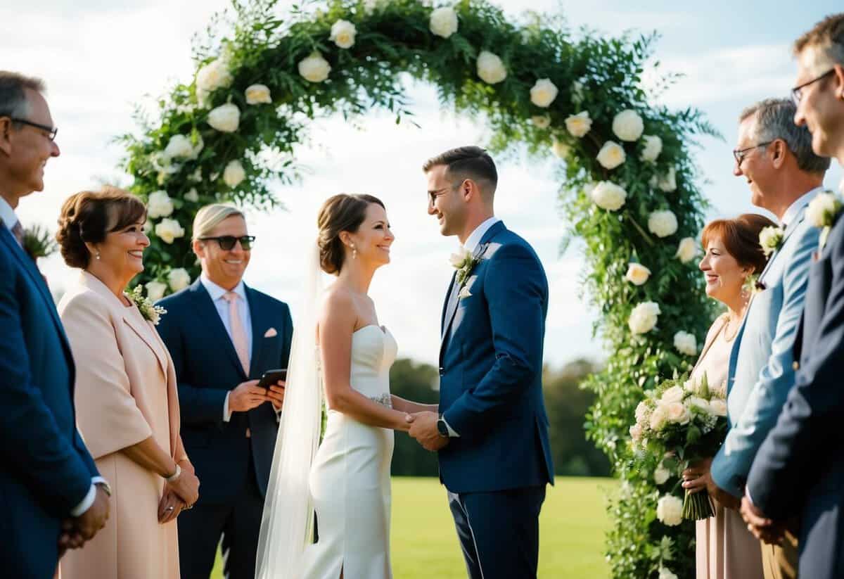 A couple standing together under a wedding arch, surrounded by family and friends, exchanging vows