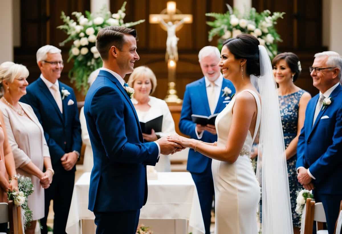 A couple standing at an altar with clasped hands, surrounded by family and friends, exchanging vows