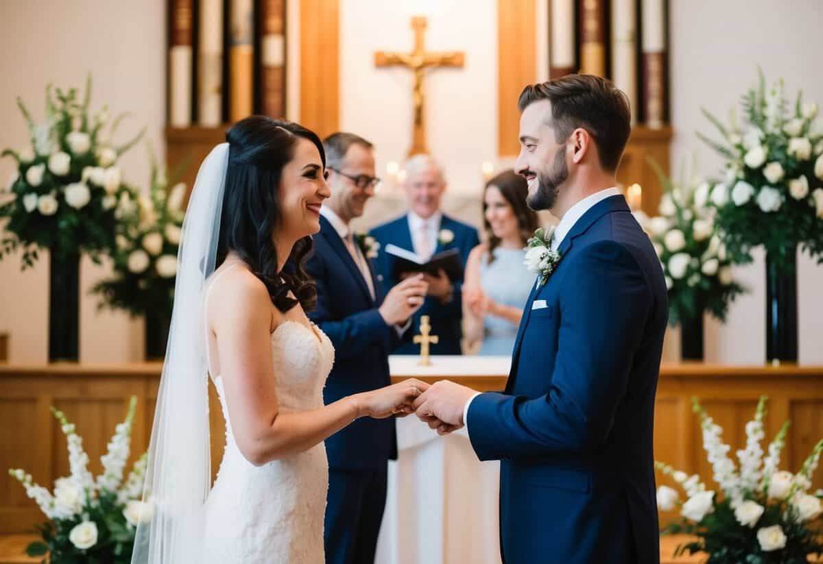 A couple standing before an altar, exchanging vows, with rings in hand