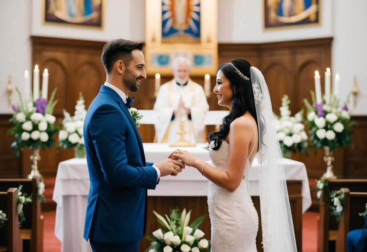 A bride and groom standing before an altar, exchanging rings and making vows, surrounded by symbols of their respective religious and cultural backgrounds