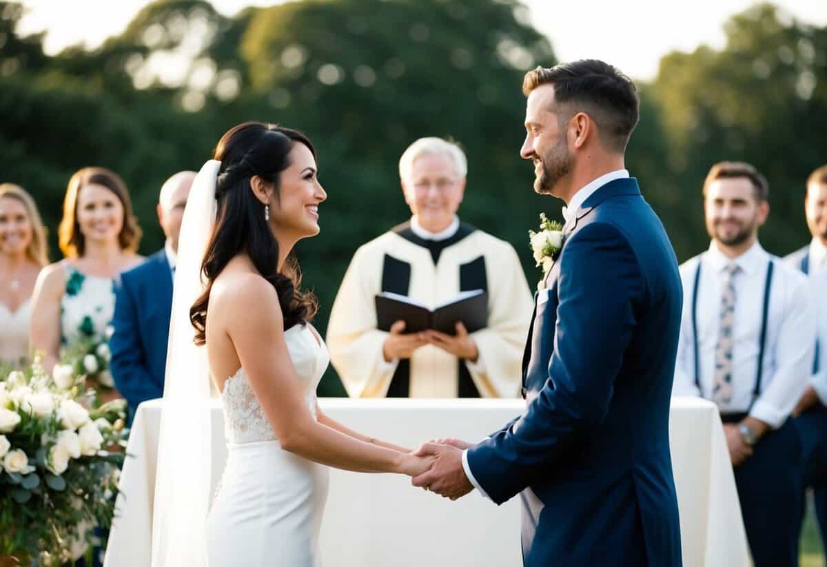 A wedding officiant standing at an altar, facing the couple. The couple holding hands, exchanging vows with guests in the background