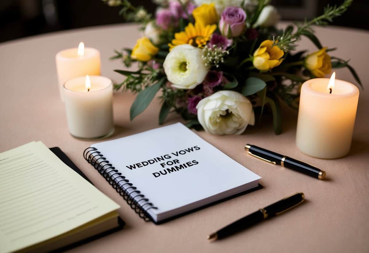 A table with a pen, paper, and a book titled "Wedding Vows for Dummies" surrounded by flowers and candles