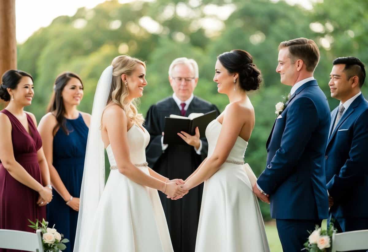 A couple standing before an officiant with witnesses present