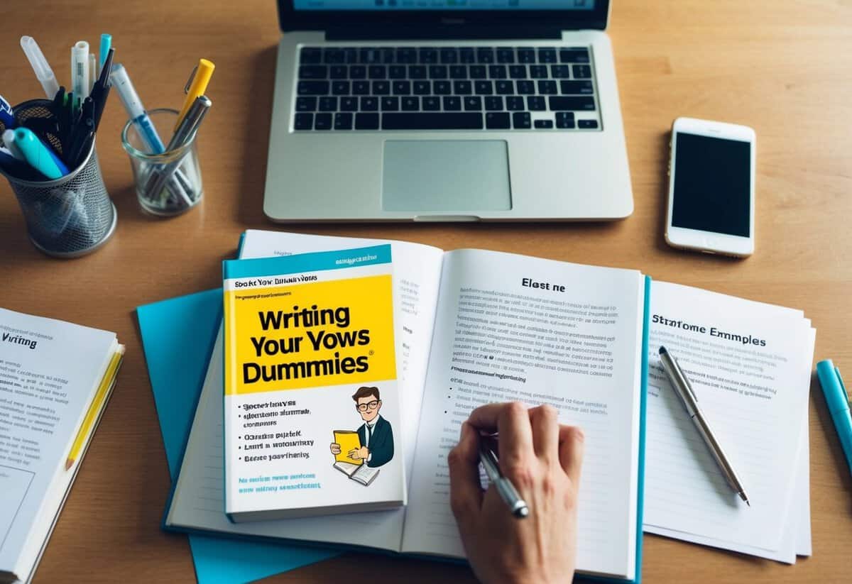 A desk cluttered with pens, paper, and a laptop. A book titled "Writing Your Vows for Dummies" open to a chapter on structure and examples
