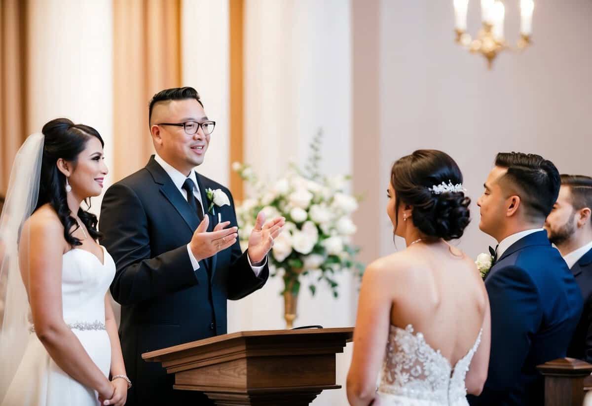 A wedding officiant standing at an altar, speaking with confidence and authority, as the bride and groom listen attentively