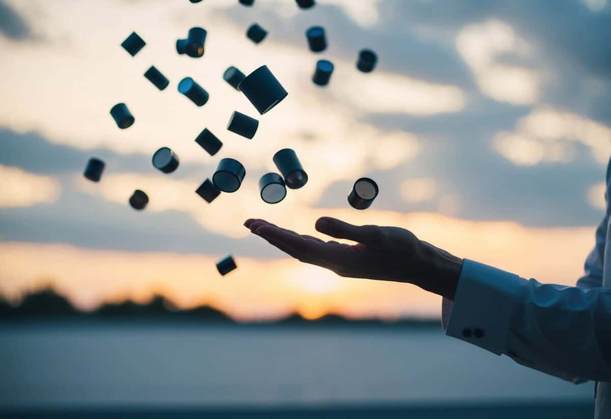 A figure relinquishing possessions, symbolized by a hand releasing objects into an open space