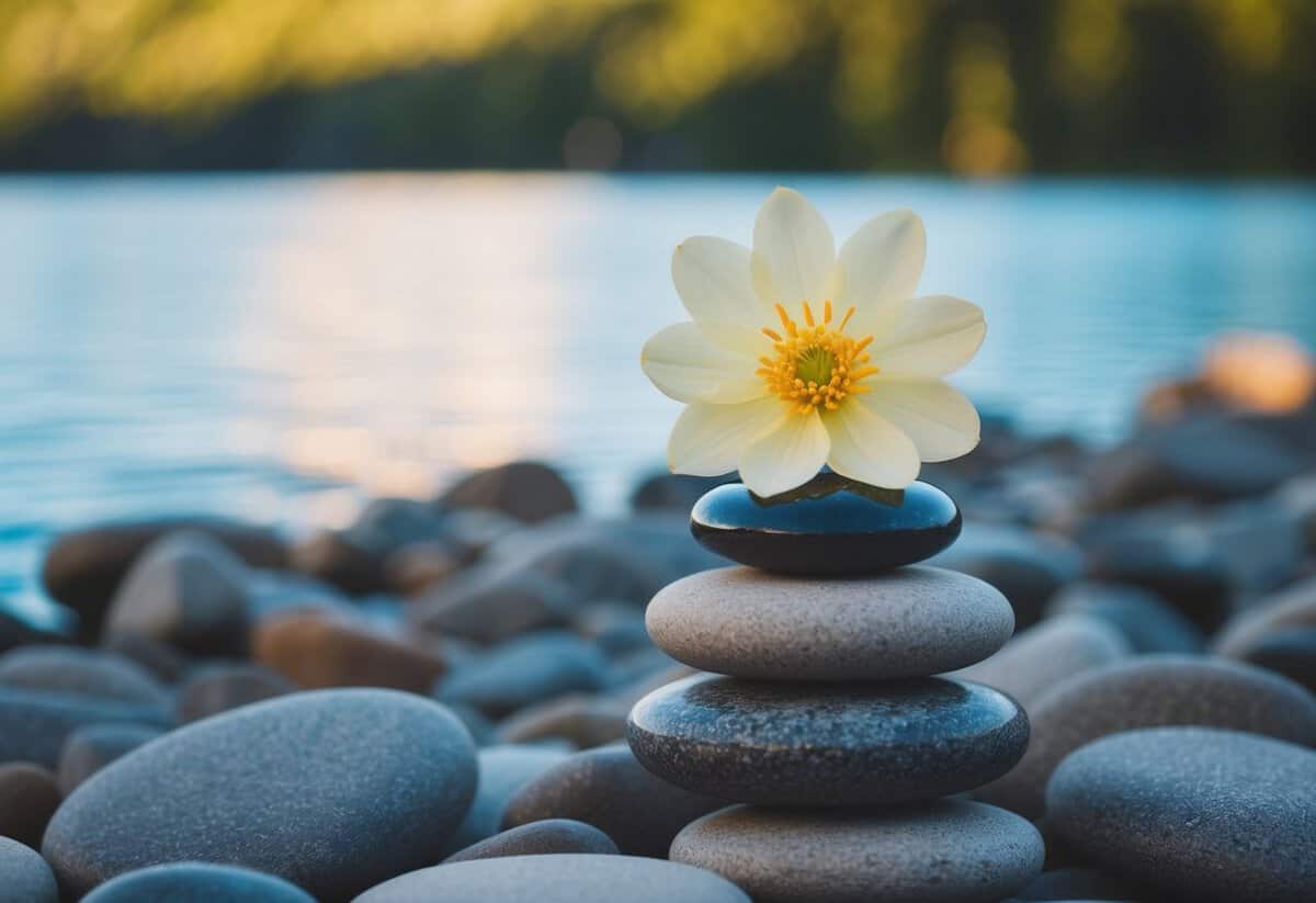 A single flower placed on a stack of stones by a tranquil lake