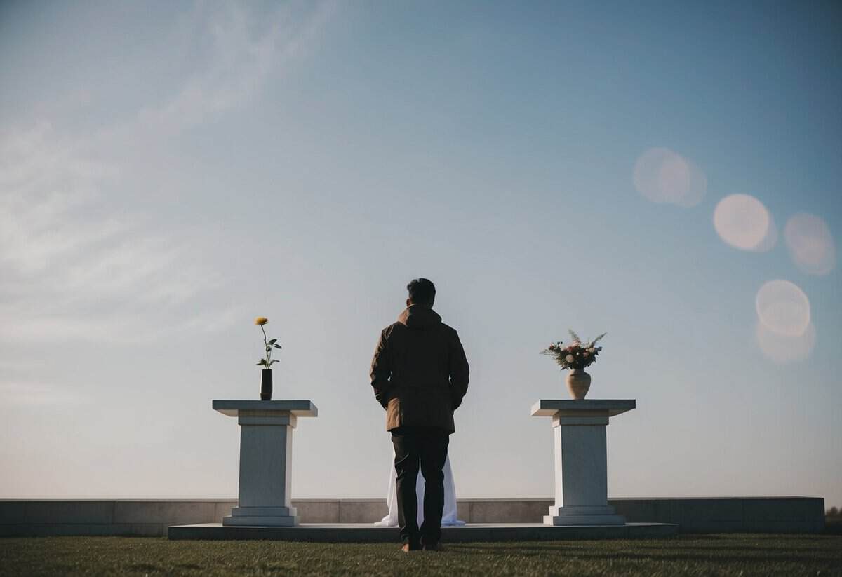 A person standing in front of a simple altar, with a clear sky and a single flower in a vase