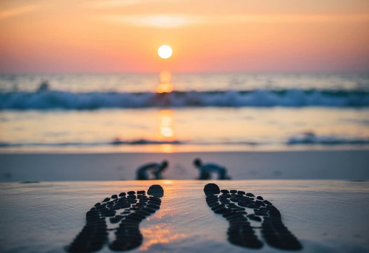 A serene beach at sunset, with two sets of footprints leading towards the ocean