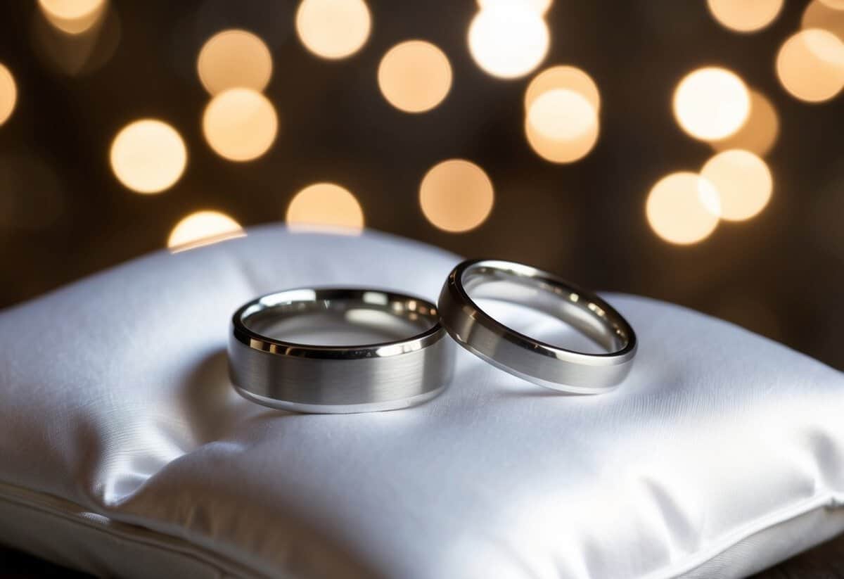 Two simple wedding bands on a white satin pillow