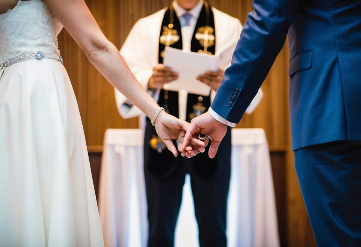 A couple stands facing each other, holding hands, with a minister in the background. The focus is on the exchange of rings