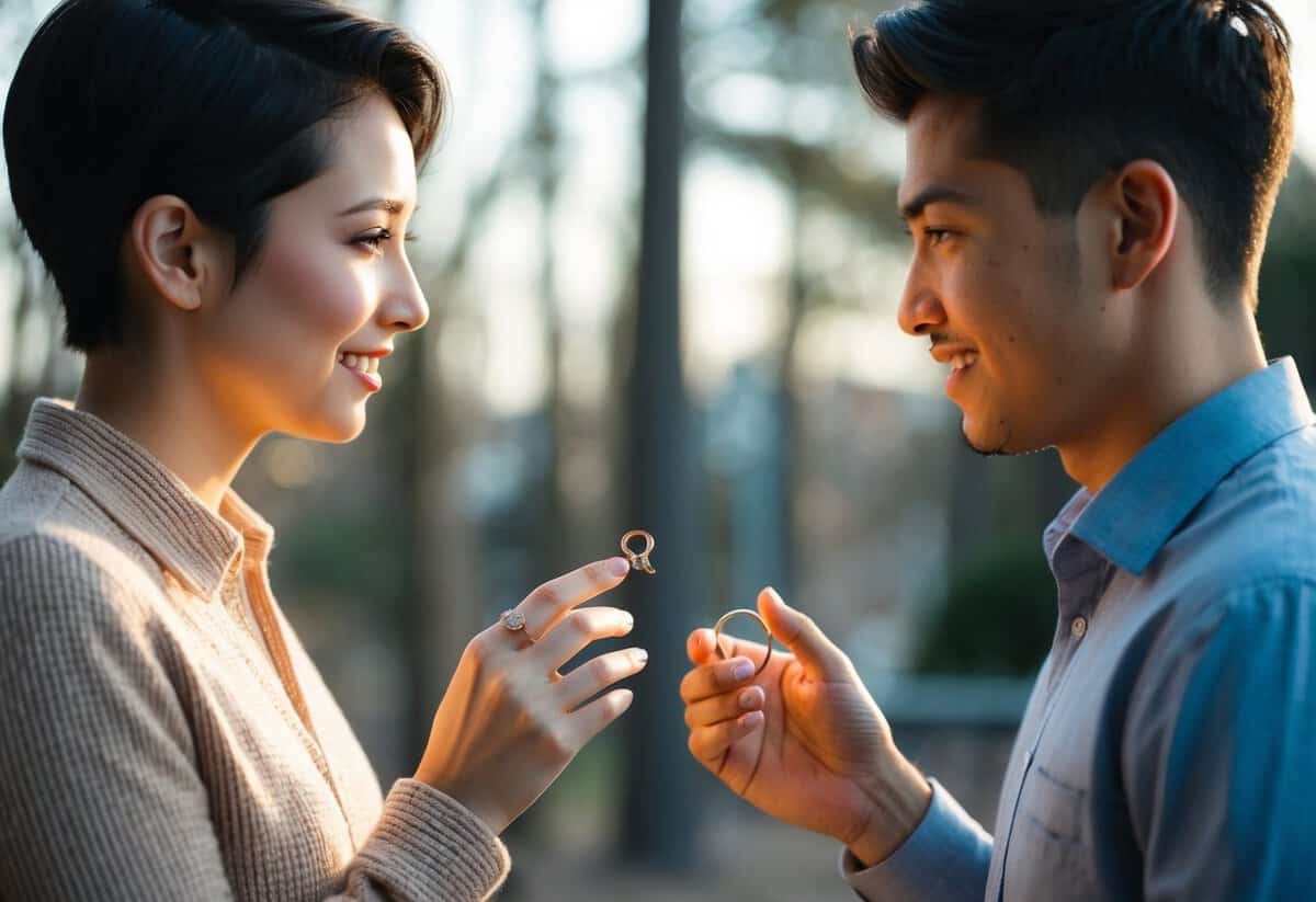 Two individuals standing facing each other, each holding a ring. One person reaches out to offer the ring to the other