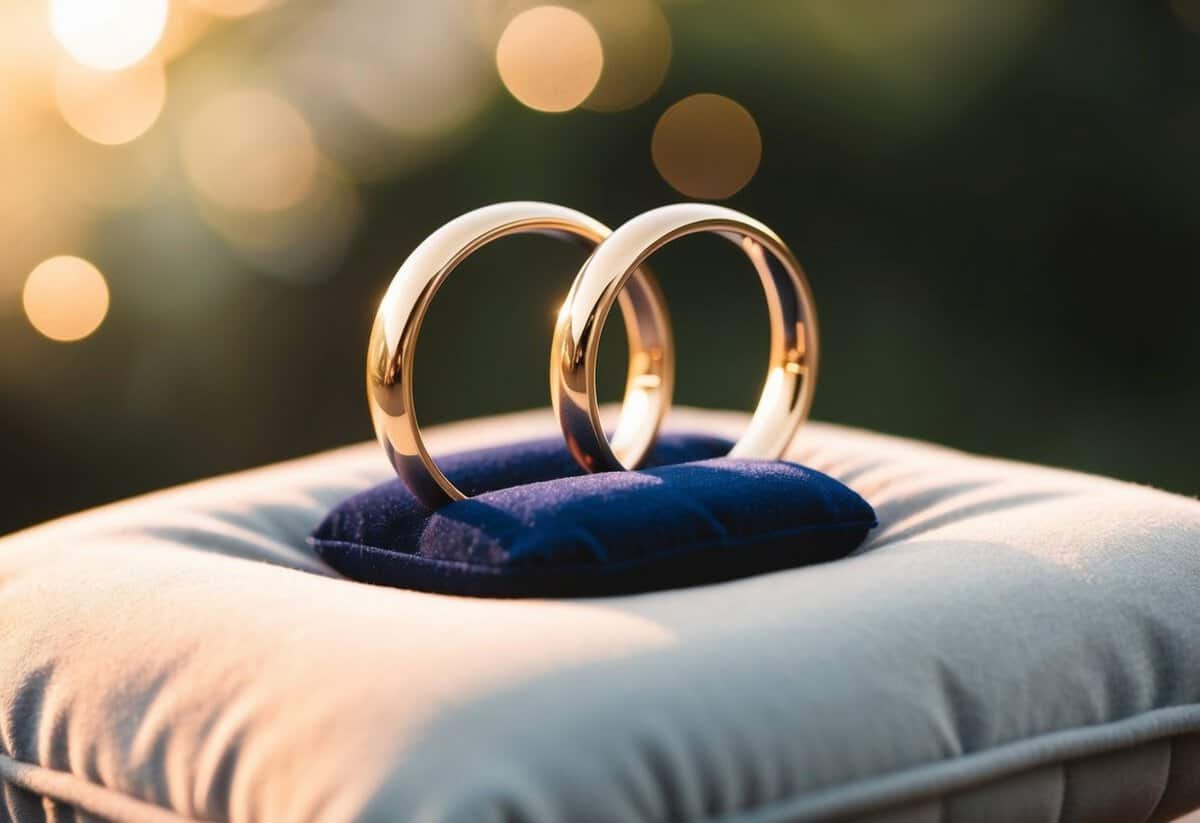 A pair of interlocked rings resting on a velvet cushion, bathed in soft light