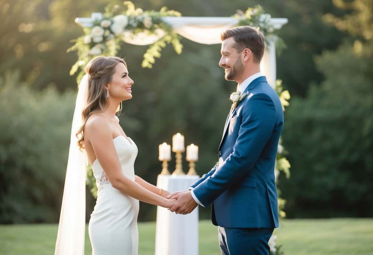 A couple standing in front of a peaceful, natural setting, exchanging meaningful glances and holding hands, with a wedding altar in the background
