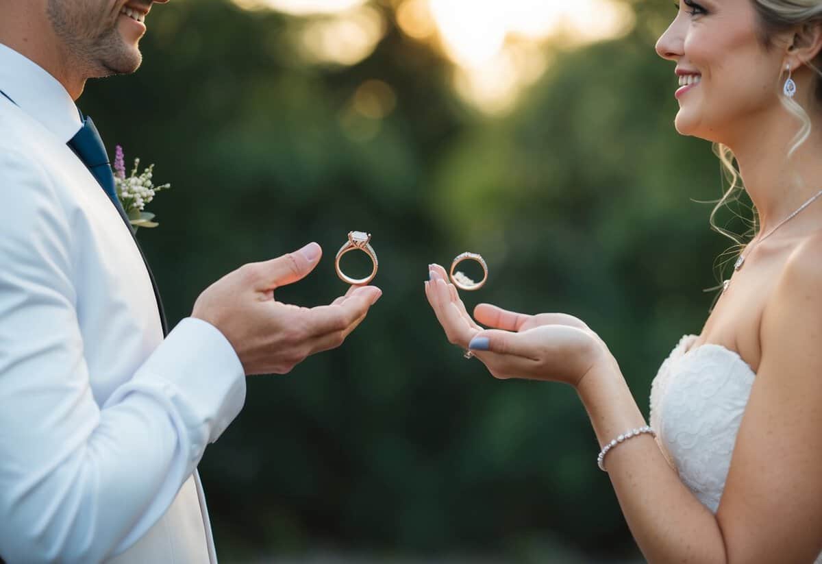 A couple stands facing each other, holding out personalized rings. They exchange the rings before saying "I do." The setting is intimate and romantic