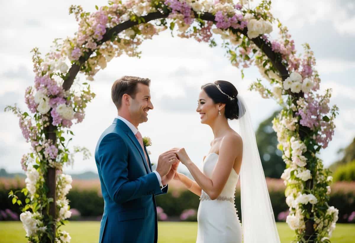 A bride and groom standing under a blooming archway, exchanging rings with a serene and joyful expression on their faces