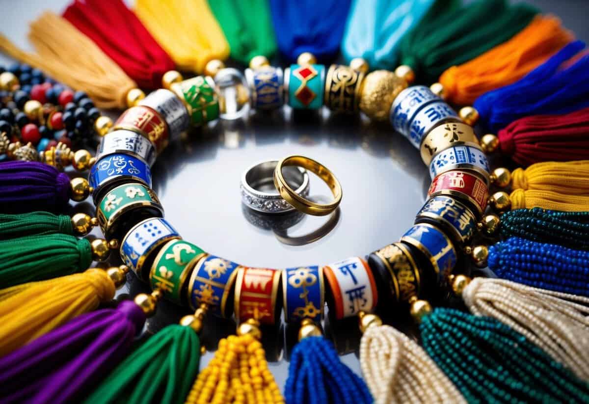 A diverse array of symbols representing various cultures and faiths, such as wedding rings, prayer beads, and traditional garments, arranged in a circle