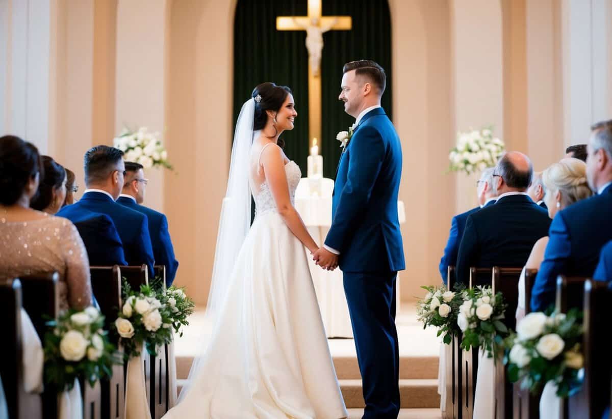 The bride and groom stand facing each other at the altar, ready to exchange vows