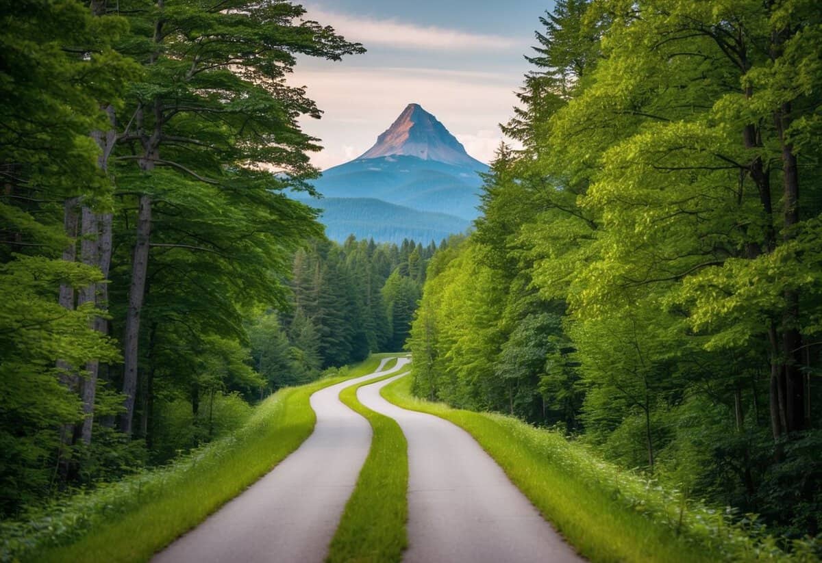 A winding path through a lush forest, leading towards a distant mountain peak