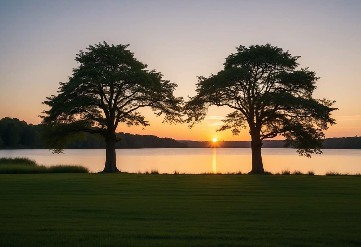 A serene sunset over a calm lake, with two trees entwined, symbolizing unity and growth