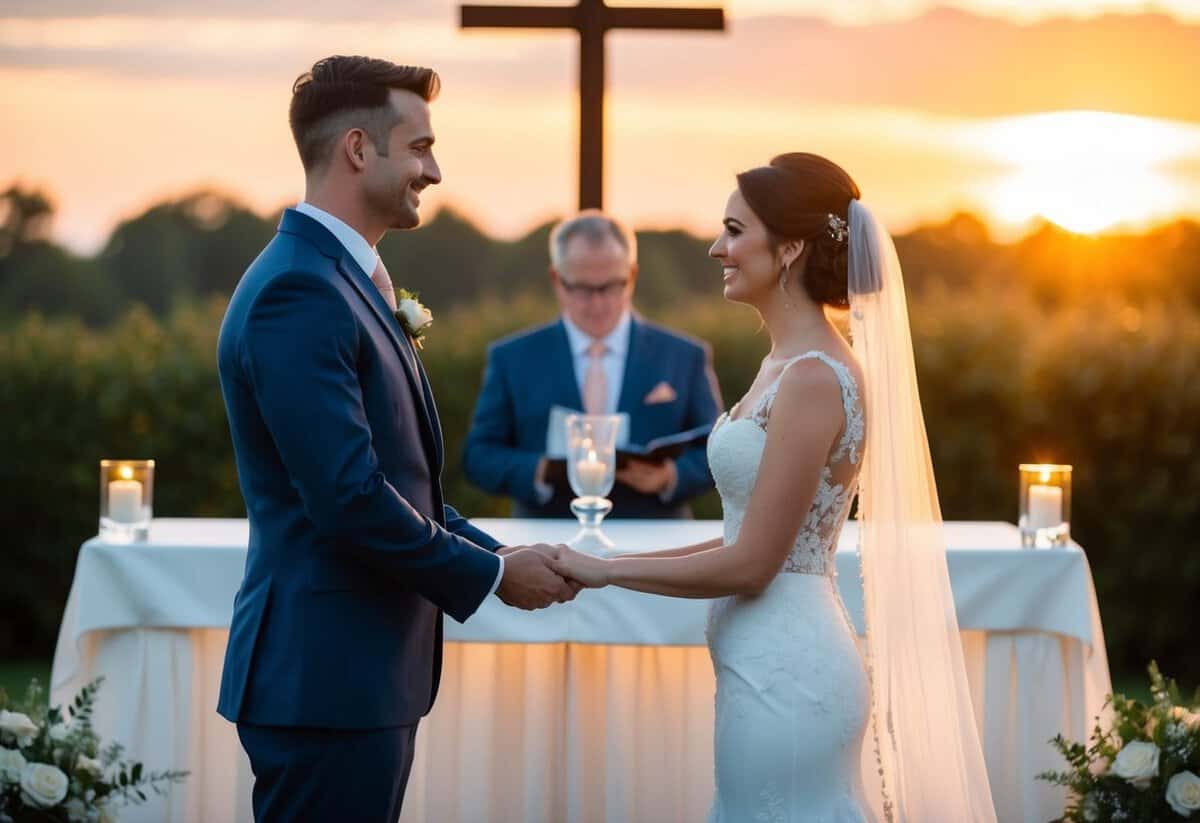 A bride and groom standing at the altar, facing each other, with the sun setting behind them, casting a warm glow over the scene
