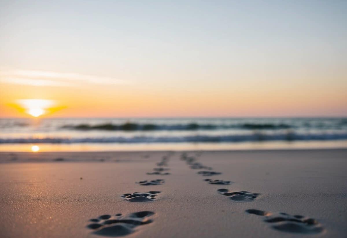 A serene beach at sunset, with two sets of footprints leading towards the ocean where the waves gently meet the shore
