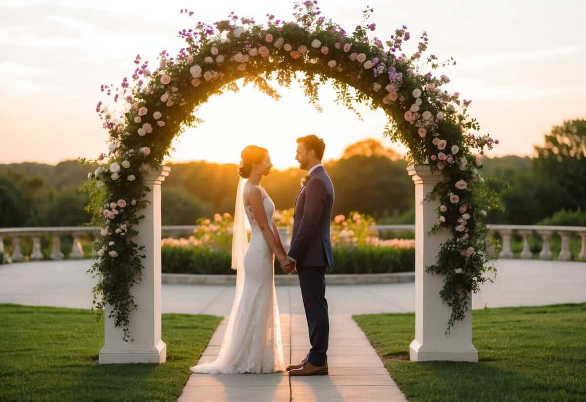 A couple stands facing each other under a flower-covered archway. The sun sets behind them, casting a warm glow over the scene