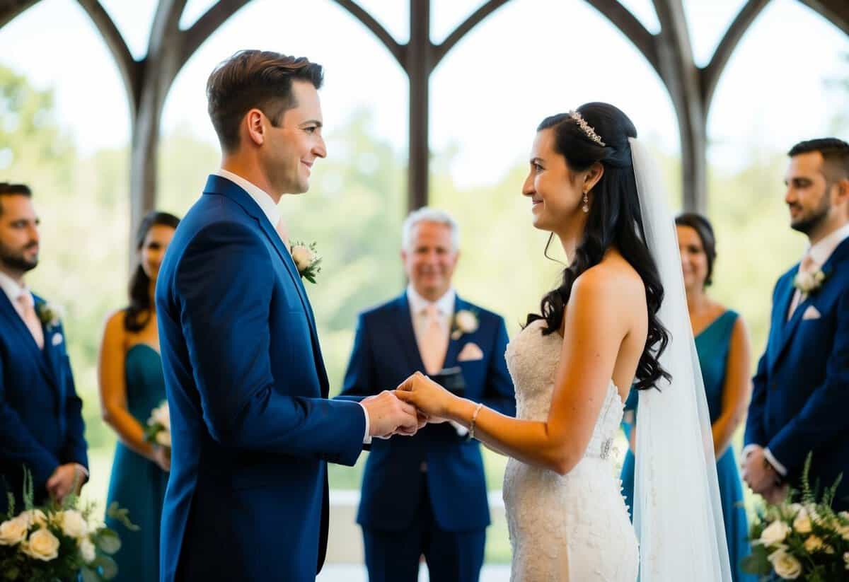 A bride and groom standing facing each other at the altar, exchanging rings and reciting traditional wedding vows