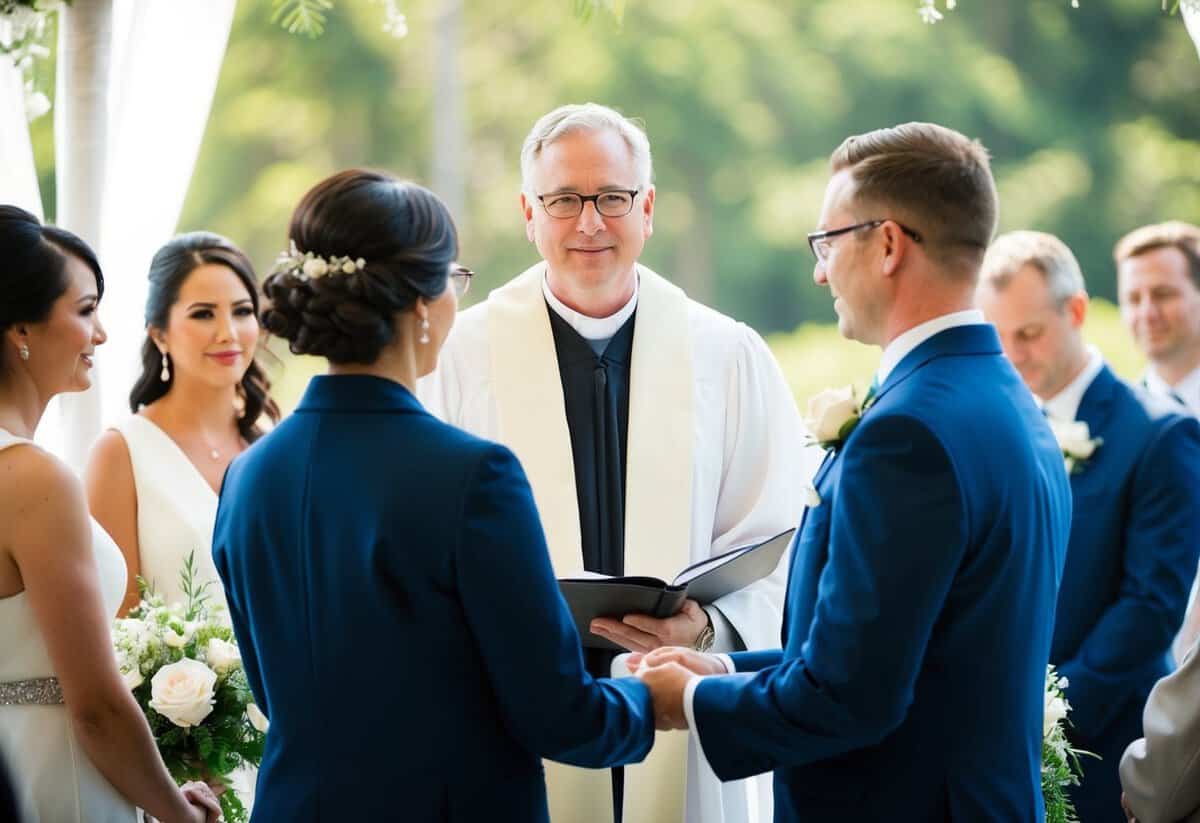 An officiant stands at the center of a wedding ceremony, overseeing the exchange of vows between the couple. The officiant's presence exudes authority and solemnity
