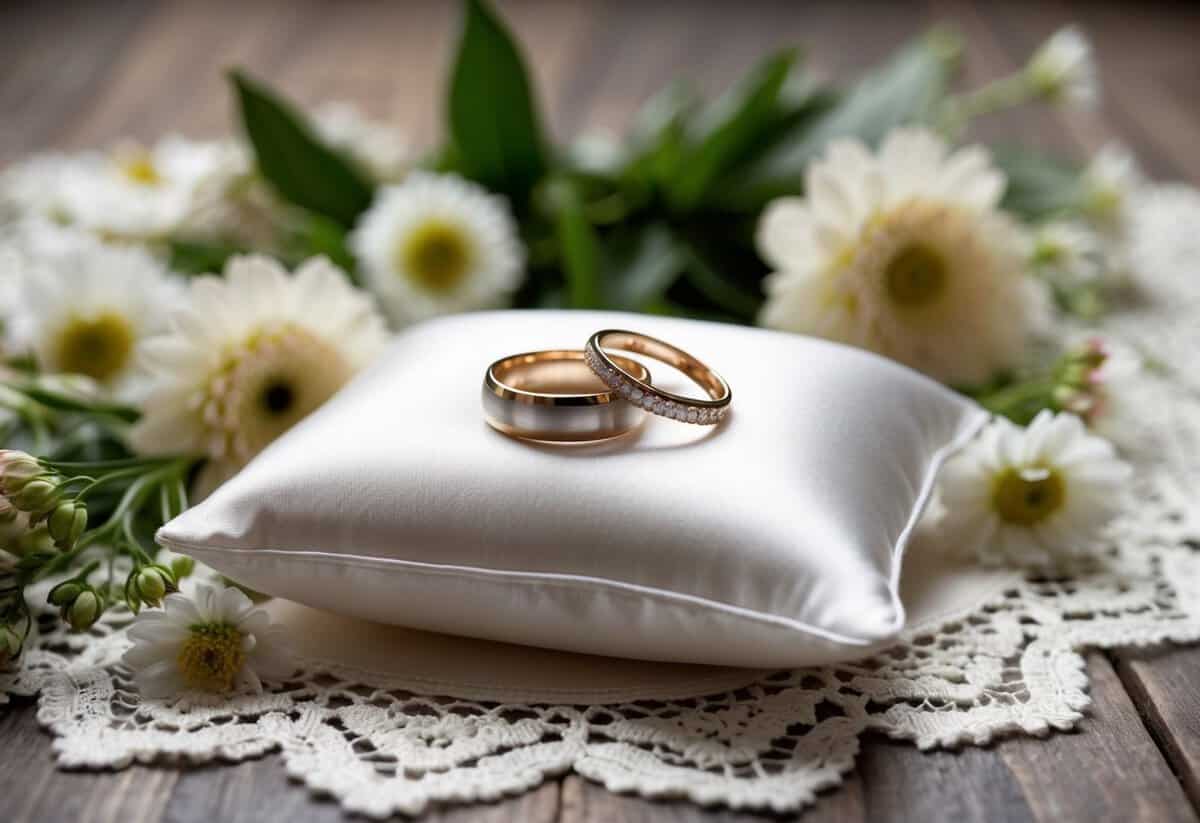 A pair of wedding rings resting on a satin pillow, surrounded by delicate lace and fresh flowers