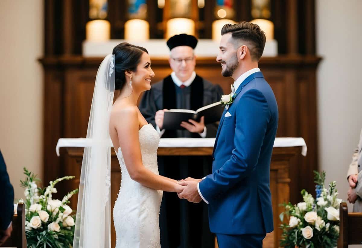 A bride and groom standing at the altar, facing each other with a minister in the background, exchanging traditional wedding vows
