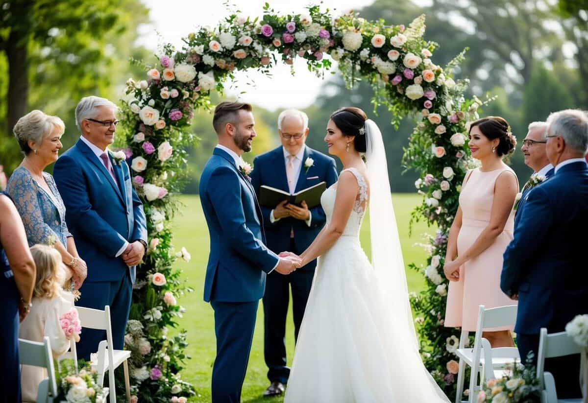 A bride and groom stand facing each other under a floral arch, surrounded by family and friends. They exchange traditional wedding vows, symbolizing their commitment to each other