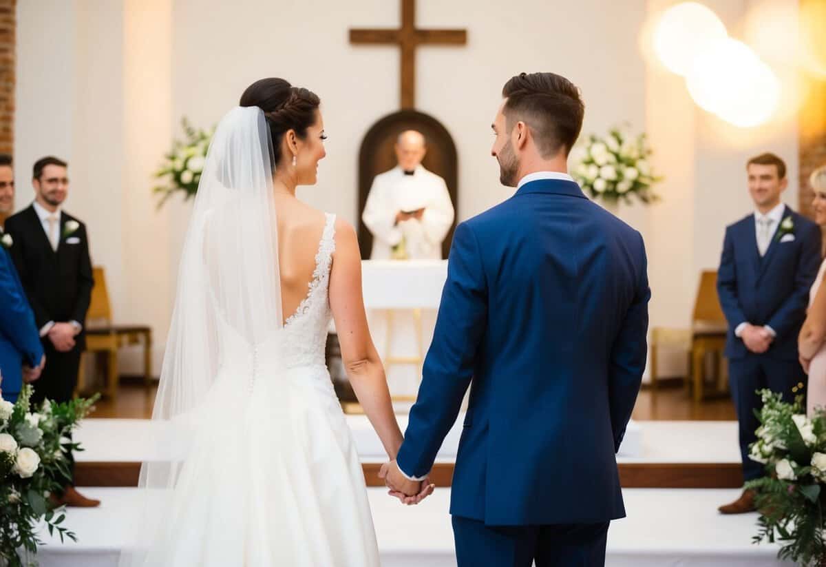 A bride and groom stand at the altar, facing each other, with a serene and intimate atmosphere