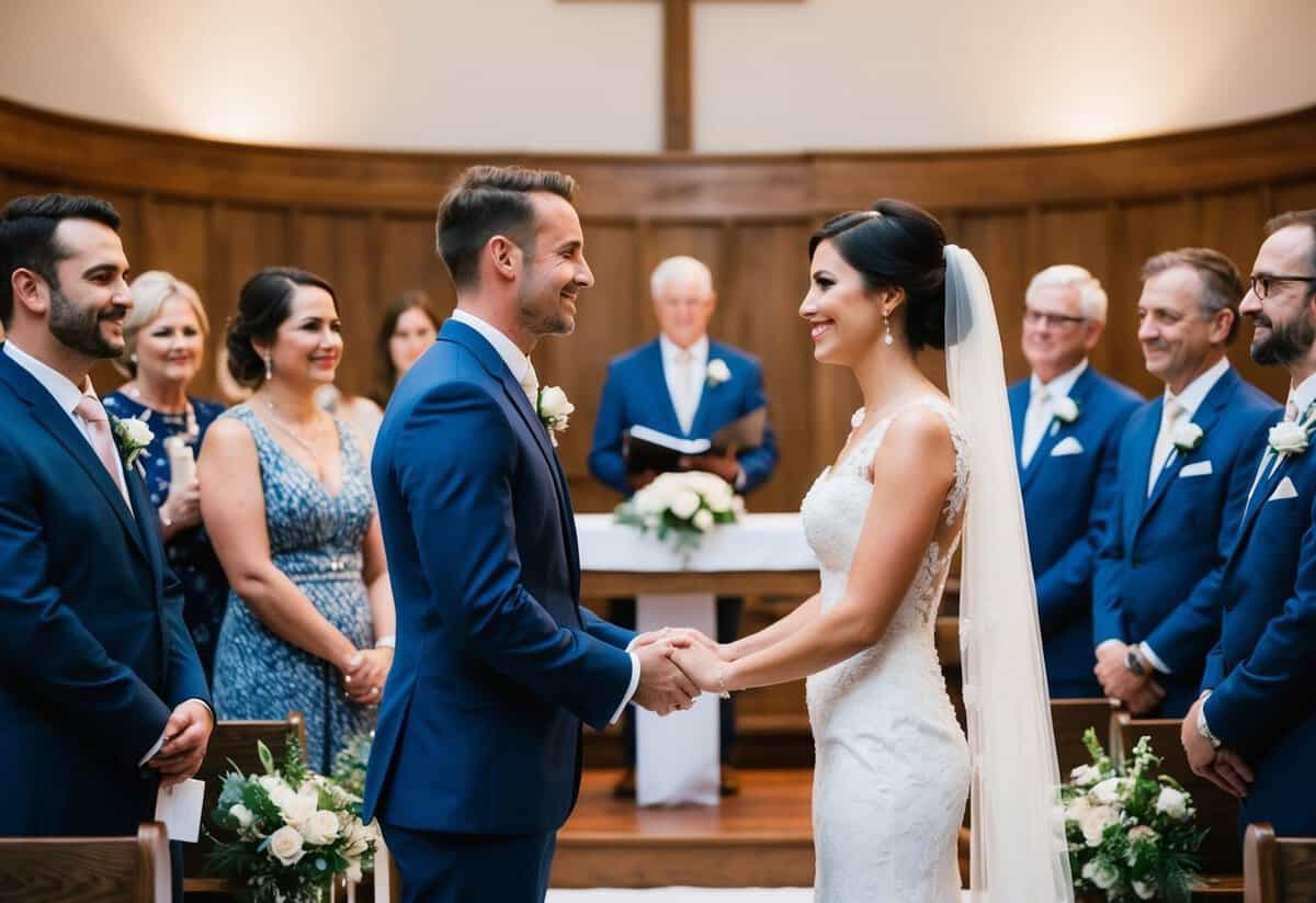 A bride and groom stand facing each other at the altar, surrounded by family and friends. They hold hands and exchange heartfelt vows, speaking directly to each other with love and sincerity